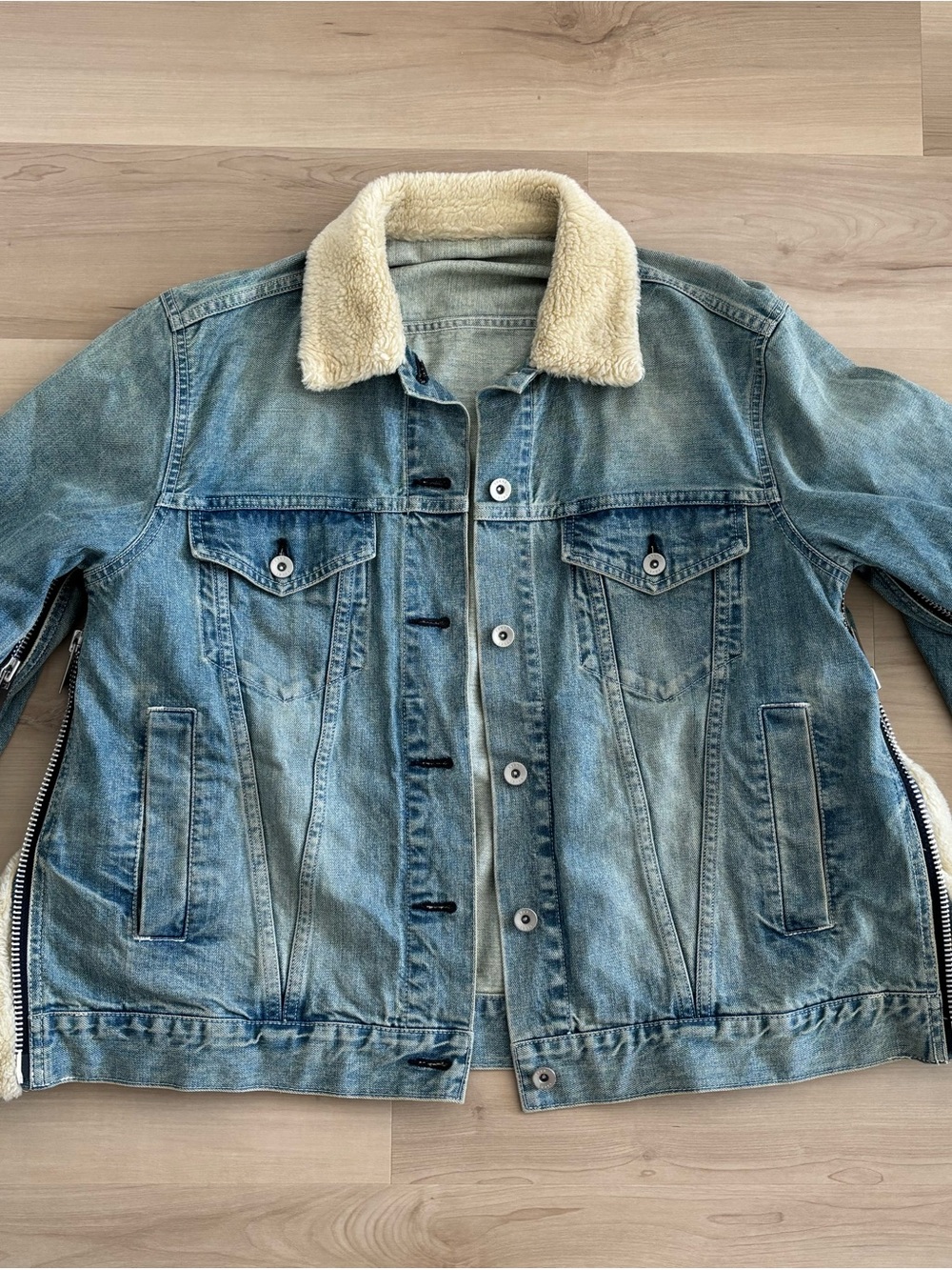 Sacai Faded Blue Denim Jacket with Cream Sherpa Collar